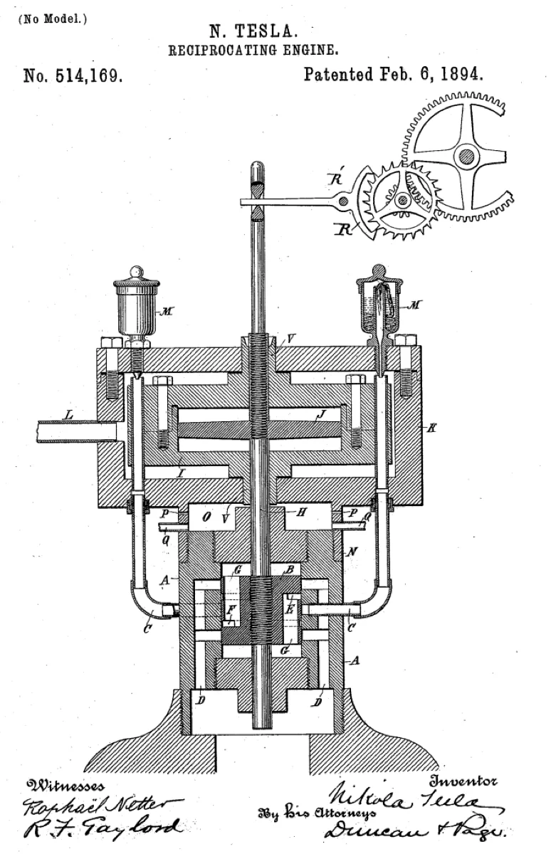 Patent drawing from Nikola Tesla's U.S. Patent 514,169 reciprocating engine